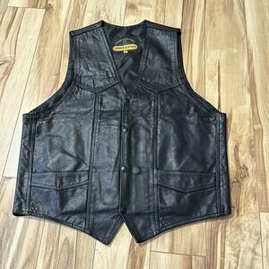 Mens XL 100% Black Leather Vest Snap Front, Pockets Western Motorcycle Vest 90's